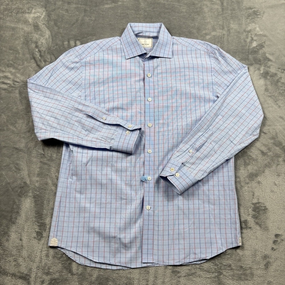 Todd Snyder Dress Shirt Men 16 32/33 Blue Windowpane Plaid Cotton Spread Collar